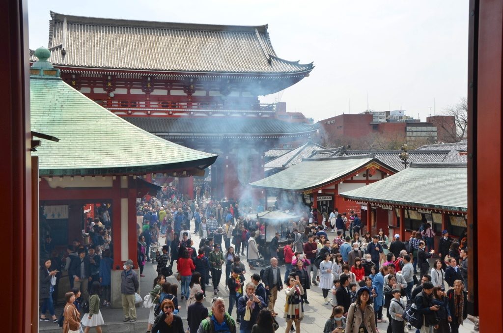 Sensoji temple with incense wafting over the crowd