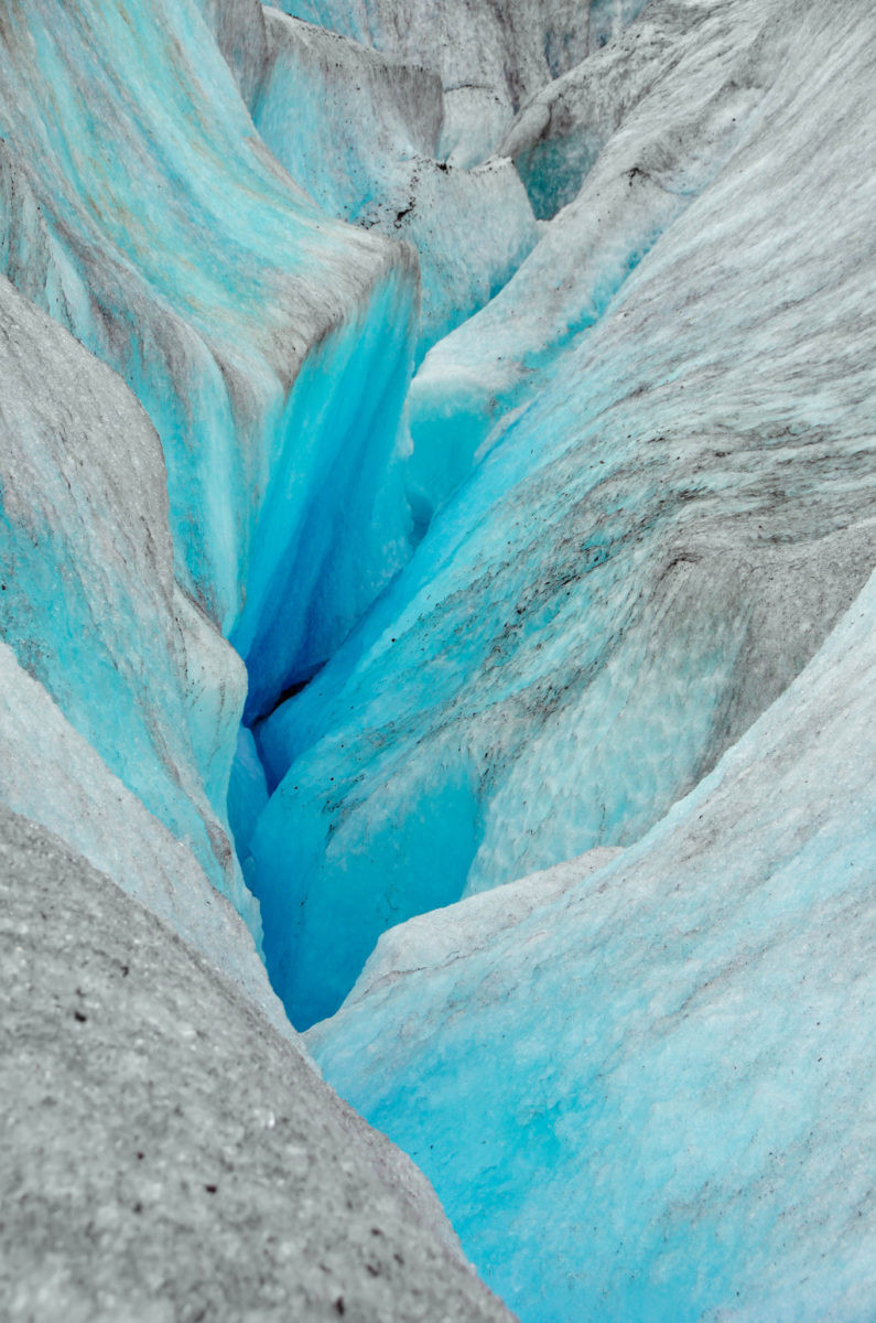 Deep crevices on the surface of the glacier