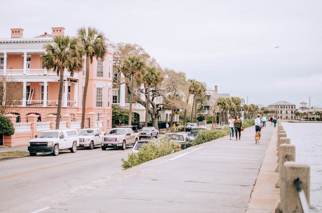 The Battery walkway in Charleston with palm trees and pink homes in the background