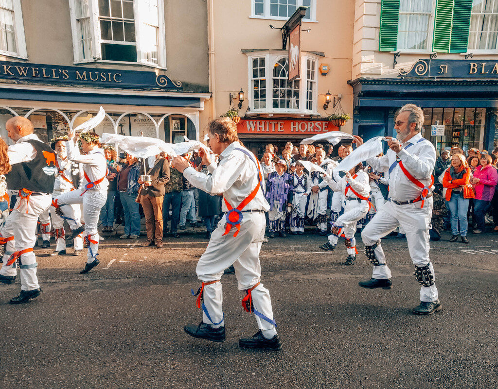 Morris dancers dancing during May Day in Oxford