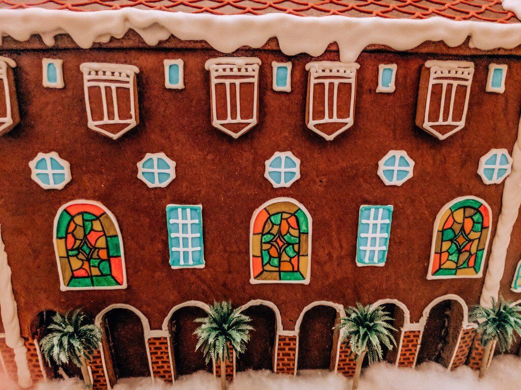 Stained glass windows and details on the Mission Inn gingerbread house