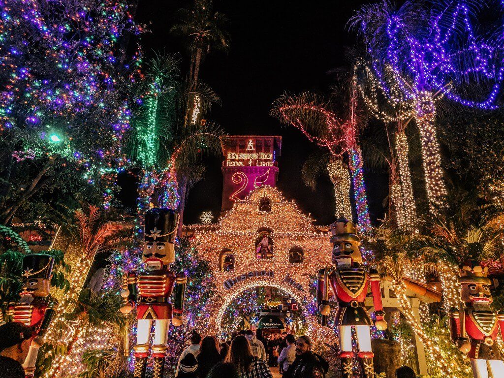 Mission Inn Festival of Lights entrance decorated with all colors of Christmas lights