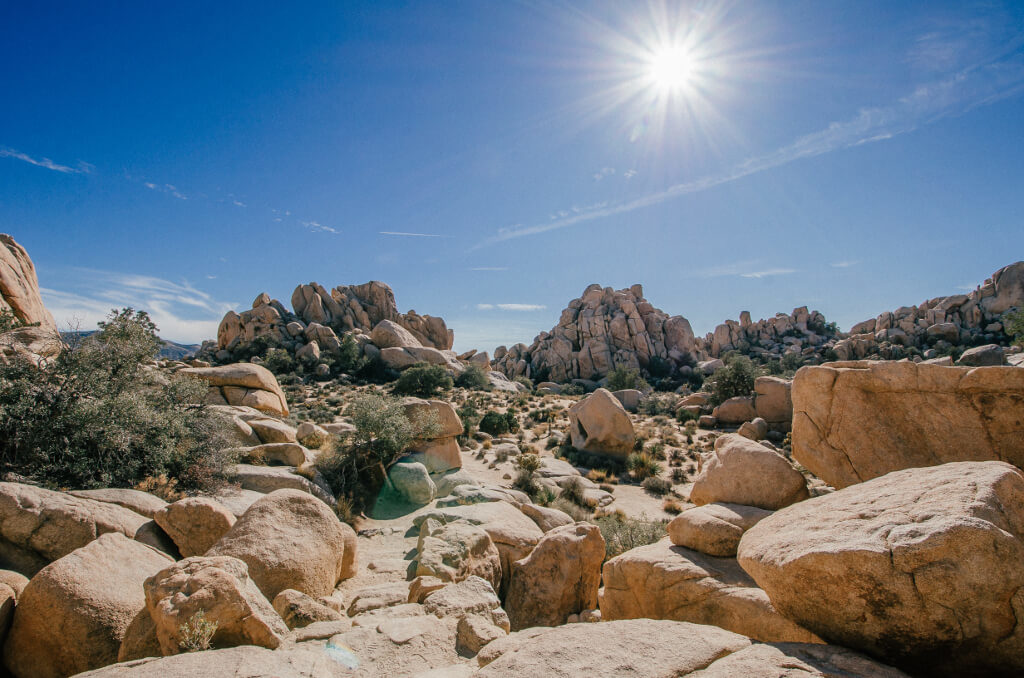 Sun in a blue sky over boulders in Joshua Tree National Park