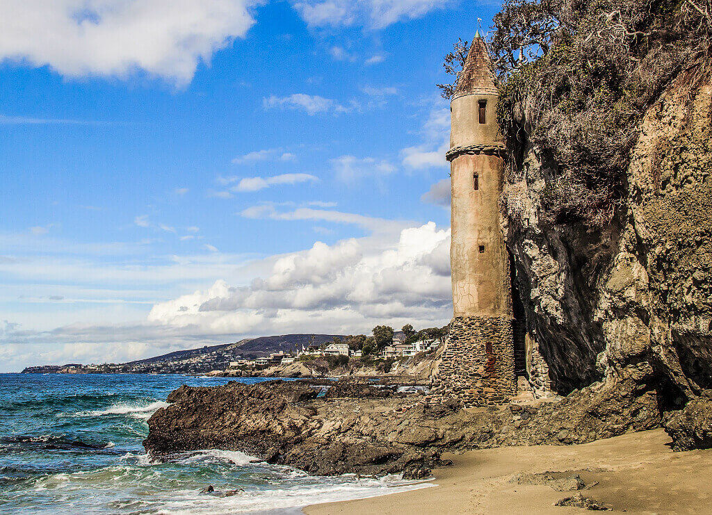 The stone "Pirate Tower on Victoria Beach in Laguna Beach.