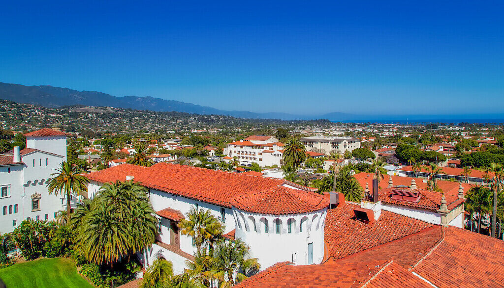 Red roofs and mountains in the distance in Santa Barbara