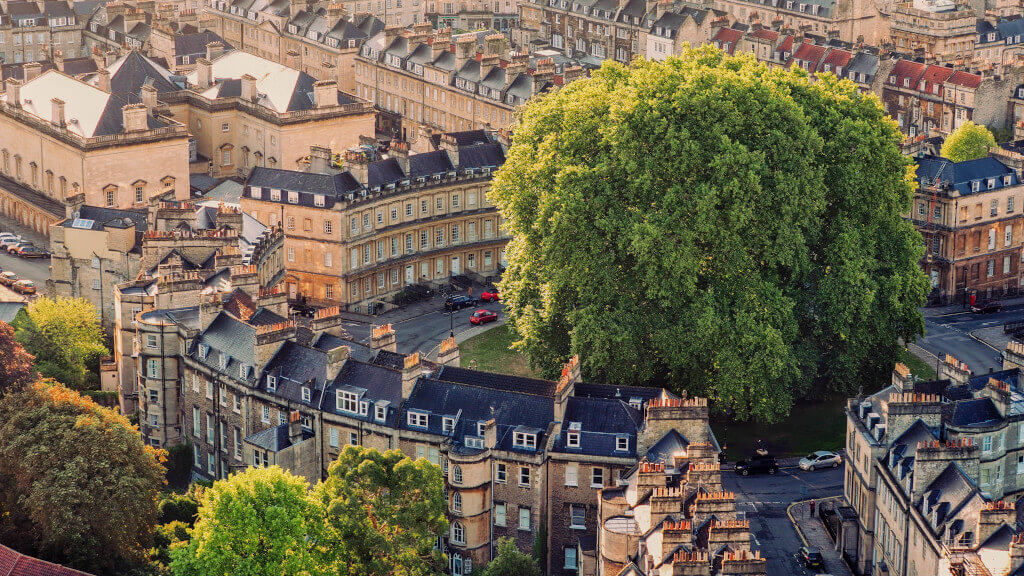 Aerial view over the houses of Bath Circus in Bath, England