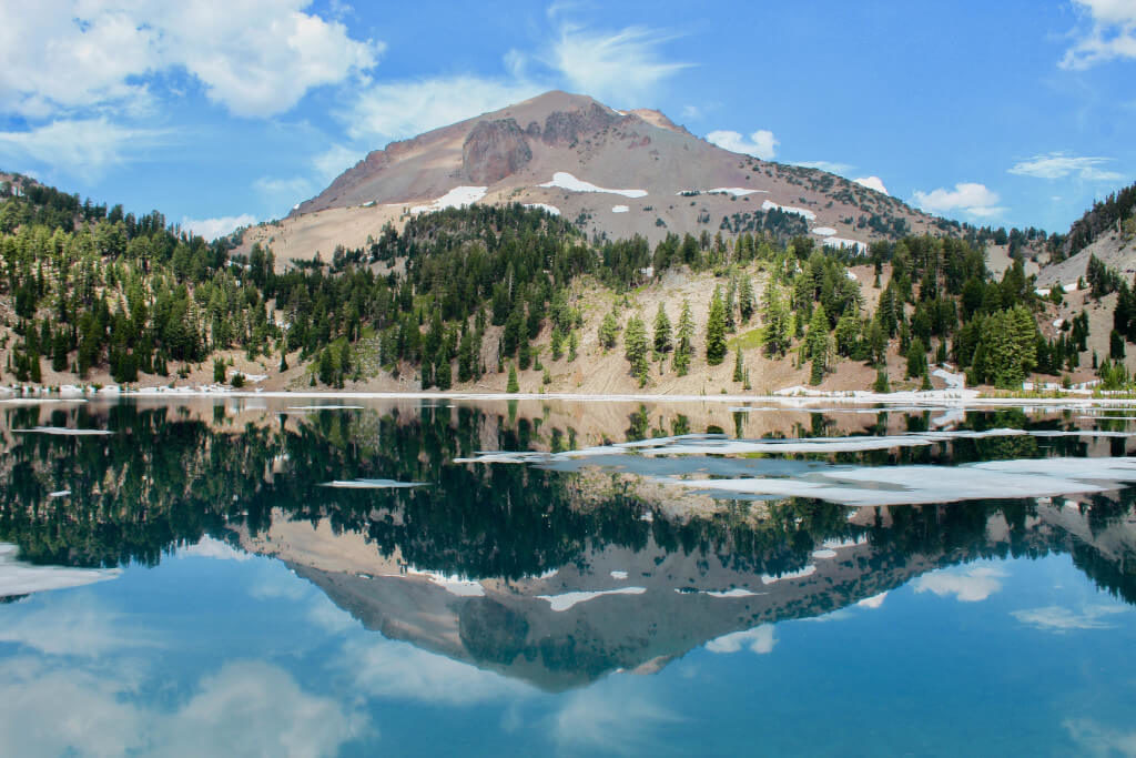 Mountain and reflection in water at Lassen Volcanic National Park